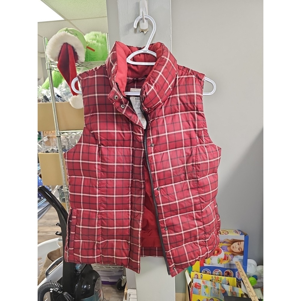 Eddie Bauer Red Plaid Goose Down Puffer Vest Women Medium Quilted Full Zip